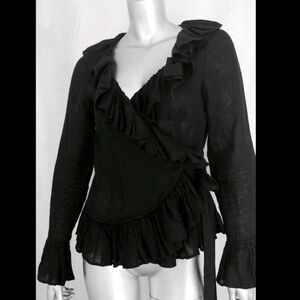 Anne Fontaine Marque Deposee Black Linen Ruffle Norane Wrap Top Blouse 42